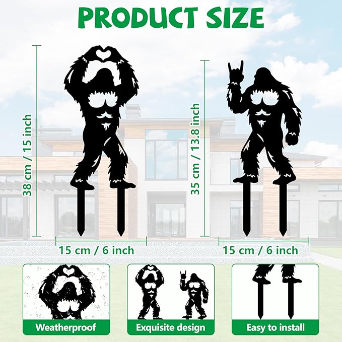 GLOBLELAND 2pcs Savage Mental Garden Stakes Black Silhouette Sasquatch Decorative Yard Stakes Trees Metal Outdoor Art Decor for Yard Patio Lawn Walkway Ornament