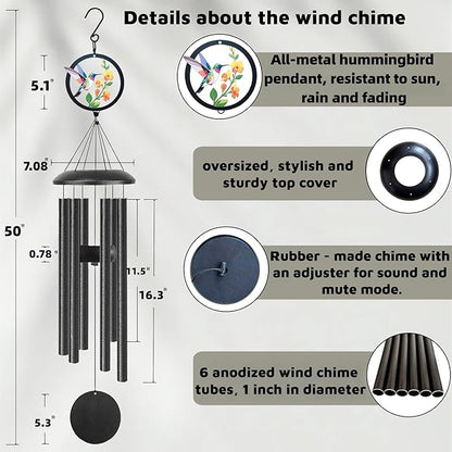 Hummingbird Wind Chimes - 50 Inches Long with 6 Thick Tubes, Exquisite Hummingbird Design, Hanging Decor for Garden Yard Porch, Hummingbird Gifts for Women Mom Grandma Wife