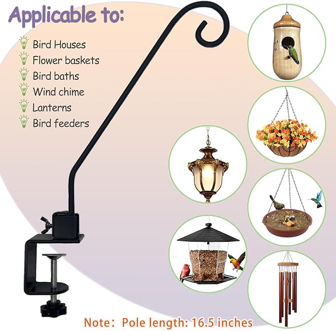 Heavy Duty Deck Hook,Courtyard Decoration,Pole 16.5”Long Metal Deck Railing Hooks for Hanging Bird Feeders,Planters,Suet Baskets,Lanterns,Wind Chimes,Clamp Mounted,Under 18 LBS(2 Pack)
