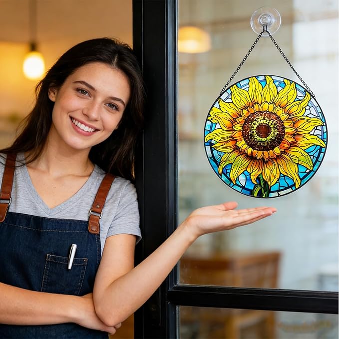 Sunflower Decor Suncatcher Stained Glass Window Hanging 7.87” Handmade Garden Suncatchers for Windows Hanging - Sun Catchers Wall Art Glass Panel Gifts for Mother's Day Christmas Birthday ﻿