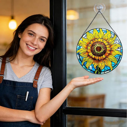 Sunflower Decor Suncatcher Stained Glass Window Hanging 7.87” Handmade Garden Suncatchers for Windows Hanging - Sun Catchers Wall Art Glass Panel Gifts for Mother's Day Christmas Birthday ﻿