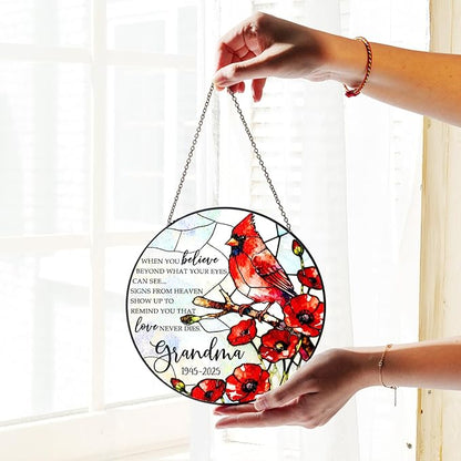 Personalized Grandma Memorial Stained Glass Suncatcher, Custom Red Cardinal Window Hanging Suncatcher for Loss of Loved One, Sympathy & Remembrance Gift, Floral Sun Catcher for Window