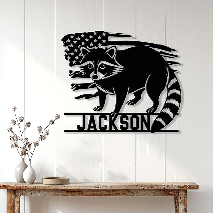 Personalized Raccoon Metal Sign, Raccoon USA Flag Hanging Sign Outdoor Porch Welcome, Custom Name - Wall Fence Yard Patio Home Office Decor Gift Birthday