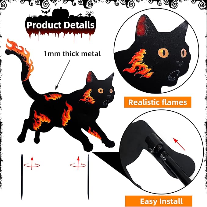 3 Pack Metal Black Cat Statues with Flame Design -Black Cat Decor Yard Signs with Stakes, Rustproof Halloween Yard Decor, Outdoor Garden Stakes for Haunted House, Lawn, and Everyday Decor (3)