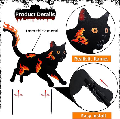 3 Pack Metal Black Cat Statues with Flame Design -Black Cat Decor Yard Signs with Stakes, Rustproof Halloween Yard Decor, Outdoor Garden Stakes for Haunted House, Lawn, and Everyday Decor (3)