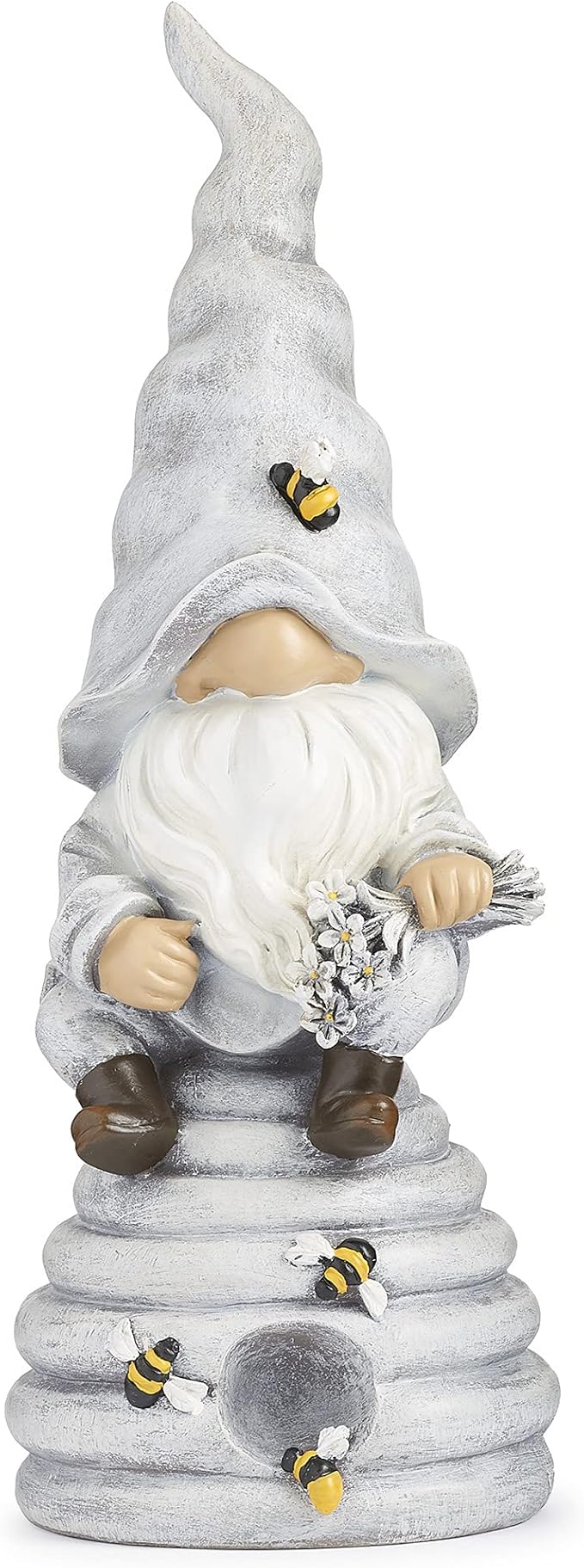 Roman 13.75" Gnome with Beehive Statue | Outdoor Garden Gnome with Bees & Flowers | Resin Whimsical Yard Décor
