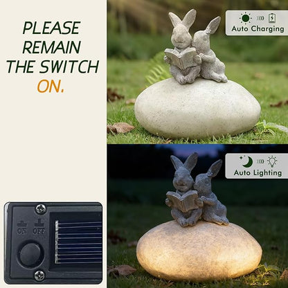Solar Bunny Garden Statue with LED Light – Cute Solar Garden Decor Outdoor Rabbit Statue for Patio Yard Backyard Lawn, Bunny Decor Garden Statues, Easter Rabbit Gifts-Stone