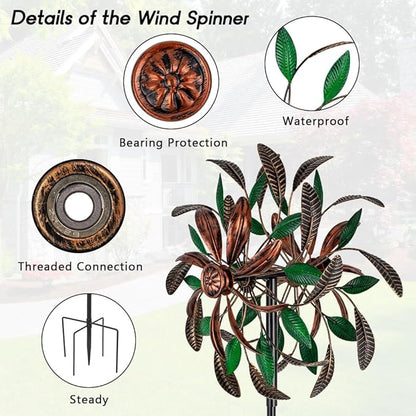 DREAMYSOUL Wind Spinners Outdoor, 360 Degree Rotation Double Layer Metal Kinetic Wind Spinner, Wind Sculpture with Green Leaves Blades for Yard and Garden Lawn Decor