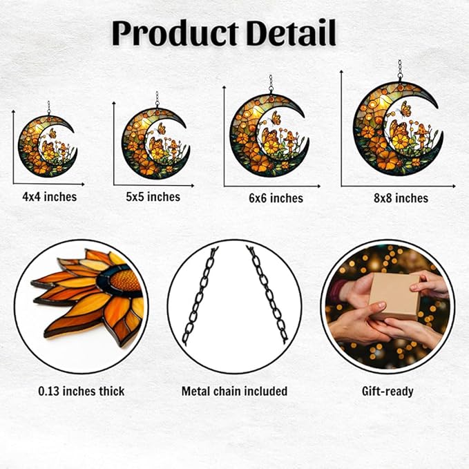 Floral Cresent Moon Acrylic Suncatcher Stained Glass Effect Window Car Hanging Christmas Ornament Indoor Outdoor Decor Garden Sun Catcher Panel for Boho Lover for Women Mom Grandma