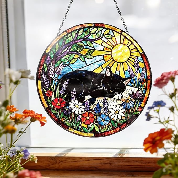 Stained Glass Window Hanging – Cat & Book Lover Gifts for Women Men, Sleeping Cat Suncatcher, Glass Ornament for Reading Room Home Garden Decor, Christmas Mother's Day Birthday Gifts, 8 Inch