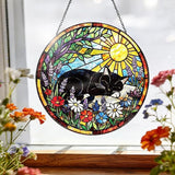 Stained Glass Window Hanging – Cat & Book Lover Gifts for Women Men, Sleeping Cat Suncatcher, Glass Ornament for Reading Room Home Garden Decor, Christmas Mother's Day Birthday Gifts, 8 Inch