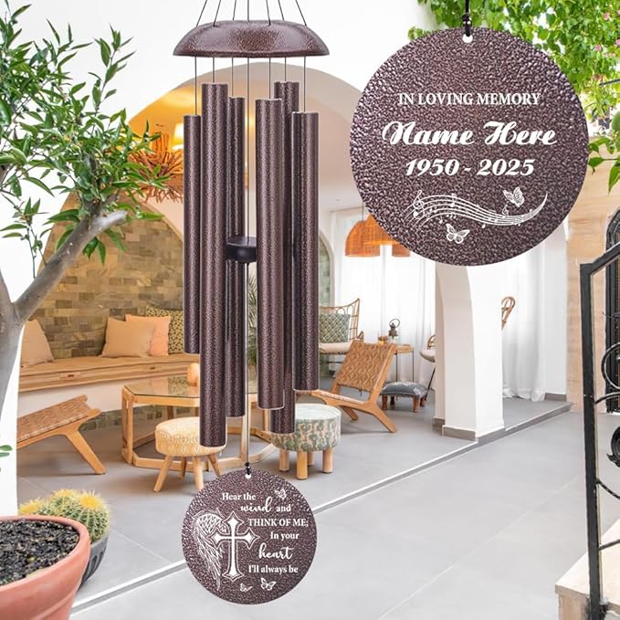 Personalized Sympathy Wind Chimes, 36inch Custom Memorial Gifts for Loss of Loved One, Cross Wing Wind Chimes in Loving Memory of Dad/Mom, Condolences Gifts for Funeral (Produced in USA)