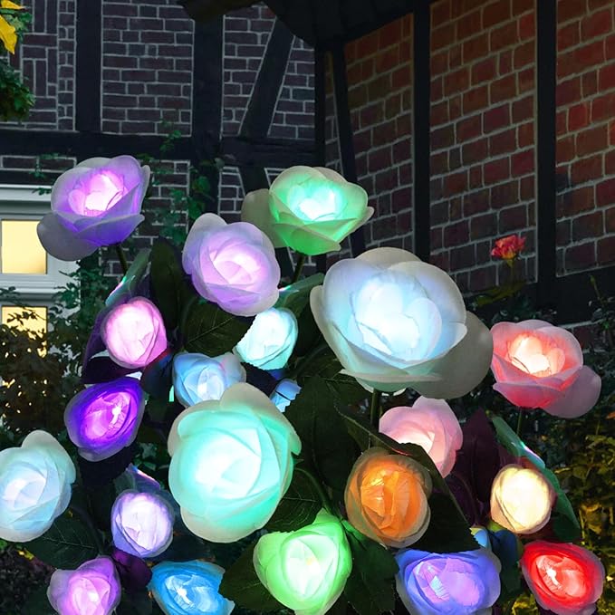 Solar Flowers Lights- Solar Garden Lights Outdoor Waterproof White Rose, 40 Hours Color Changing Solar Powered Outdoor Decor Yard Patio Pathway Lawn, Gift for Mom, 2pcs