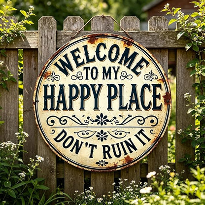 Funny Garden Metal Sign, 2026 New Vintage Round Metal Sign Funny Home Decorative for Patio Porch, “Welcome to My Happy Place Don’t Ruin It” Garden Wall Decor Vintage Statement Metal Sign (Style A, 8X8 inch)