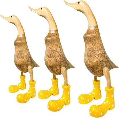 Wooden Crafted Duck Figurine with Spotty Wellies Funny Standing Duck Statues Decorative Resin Rain Boot Animal Sculpture Collectible Crafts Waterproof Garden Lawn Ornament (Yellow, 9.8Inch)
