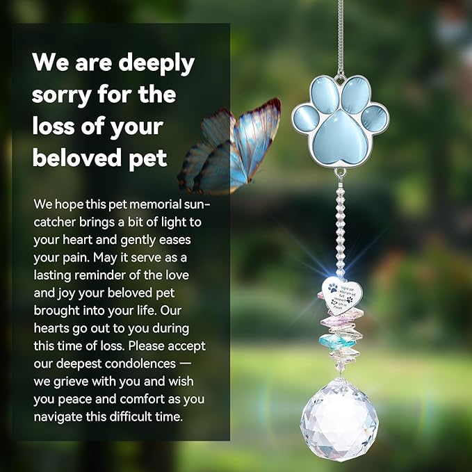 Dog Memorial Gifts for Loss of Dog, Pet Memorial Gifts for Dogs, Thoughtful Bereavement Remembrance Crystal Suncatcher with Sympathy Card (Sympathy Blue)