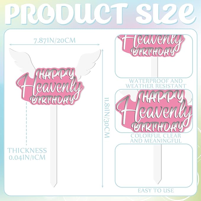 AceOrbit 13.8 X 7.9 Inches Large Happy Birthday in Heaven Decorations Cemetery Decorations for Grave Metal Memorial Remembrance Stake, Grave Markers for Human Cemetery Garden Yard Site Outdoor (Pink)