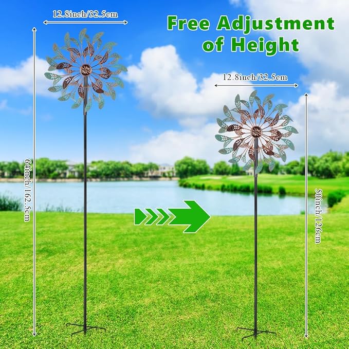 DREAMSOUL 13" Dia Vintage Wind Spinners Outdoor 360° Rotation Wind Spinner with 5 Prongs Stake, Metal Kinetic Windmill for Yard Garden Decor
