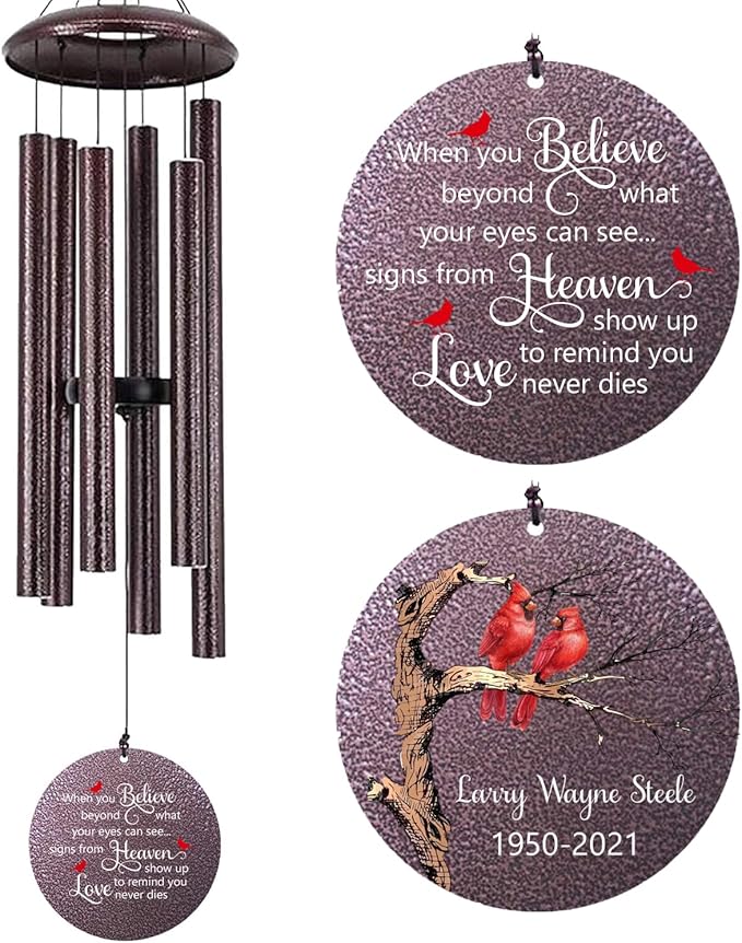 Personalized Wind Chimes, Cardinal Wind Chime, in Memory for Loss of Loved Dad/Mom, Metal Memorial Sympathy Gifts, 36inch Deep Tone Wind Chime, in Loving Memory (Produced in USA)