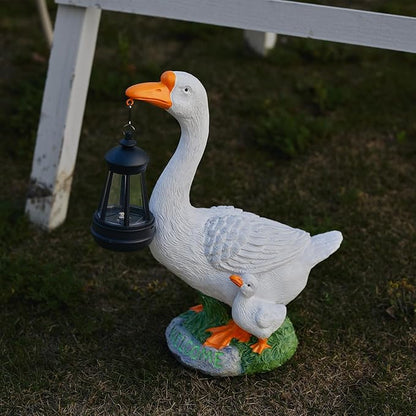 Solar Porch Goose Statue, Outdoor Goose Decor with Lantern for Yard Lawn Patio Balcony, Birthday Christmas Housewarming Gifts for Mom, Grandma, Women,12 Inch,Resin