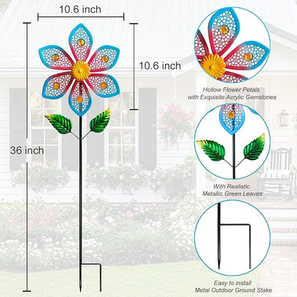 2 Pack Metal Wind Spinners for Garden Decor - Outdoor Windmill Sculptures, Durable Yard Art Wind Spinners Metal Wind Spinner for Patio Lawn Ornament, Vibrant Red & Blue Garden Spinners