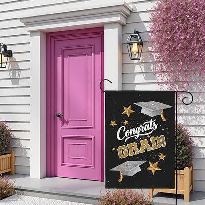 Congrats Grad Garden Flag Graduation Yard Flags Class of 2025 College Graduations Double Sided Graduational Cap Stars Black Gold House Banner for Lawn Porch Patio Yard Party Decor 12 x18 Inch