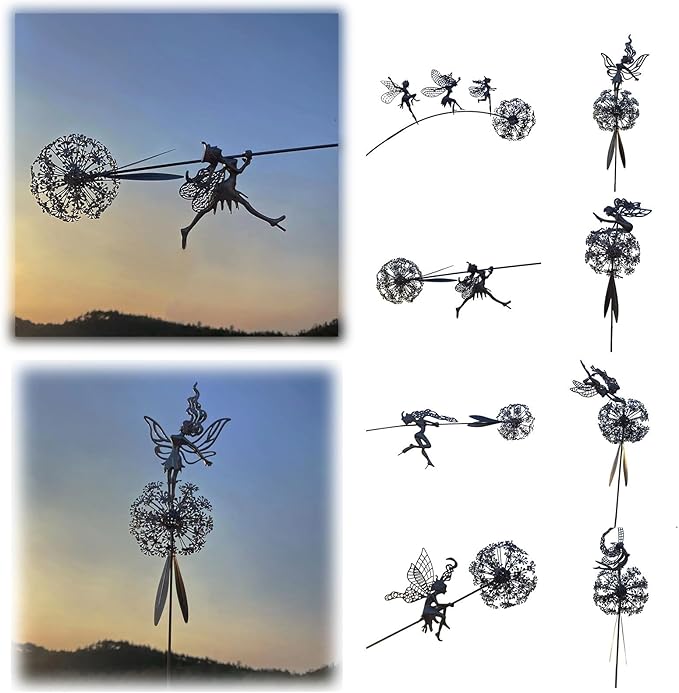 Flower Fairy Dancing with Dandelion, Fairy Garden Sculptures, Angel Metal Ornaments Gardens Art Sculpture, Stainless Steel Statue Garden Ornaments Art Decorations for Outdoor Yard Lawn Patio (H_3D)
