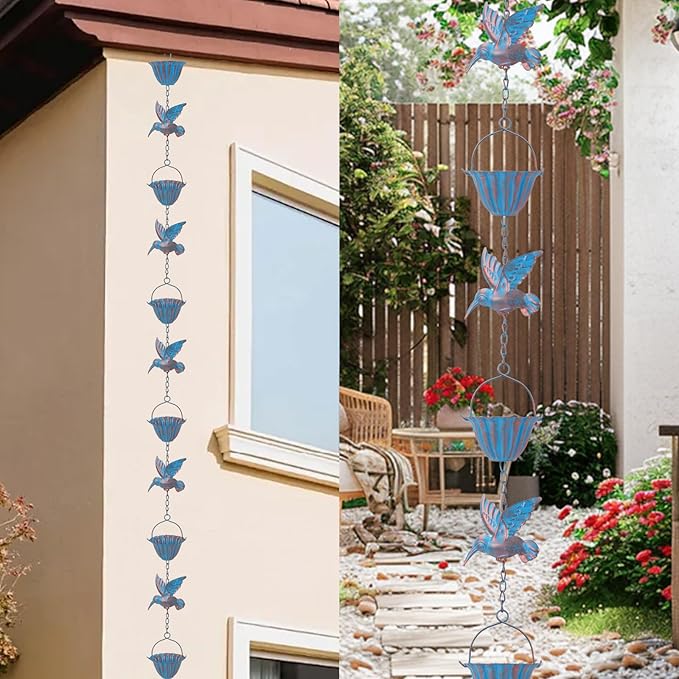 7.8FT Hummingbird Rain Chains for Outside with Bells, Adjustable Outdoor Bird Raincatcher, Garden Decor, Rust Resistant Rain Drain Chain, Wind Chimes
