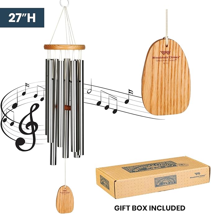 Woodstock Wind Chimes Garden Decor for Outside Outdoor Patio Decor 27" Inspirational and Memorial Sympathy Wind Chime Porch Decor Gregorian Wind Chime Alto Silver Wind Chimes (Gas)