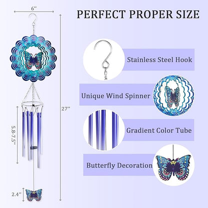 Wind Chimes for Outside with Butterfly Wind Spinner, Valentines Day Birthday Gifts for Women Mom Friends Sisters Teacher, Windchimes Outdoor Decor Patio Garden Yard Butterflies Decorations