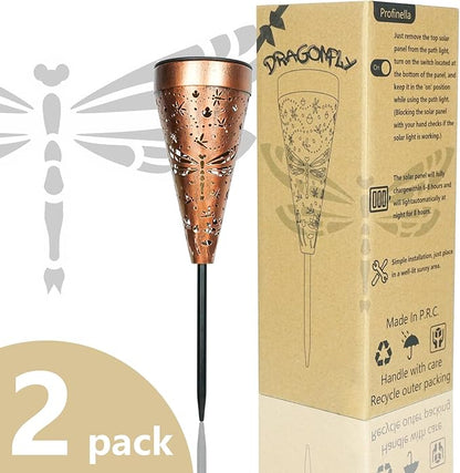 2-Pack Dragonfly Outdoor Solar Pathway Lights, Metal Garden Path Decorations, Waterproof Landscape Lighting for Yard, Lawn, Walkway – Gifts for Women, Mom, Grandma