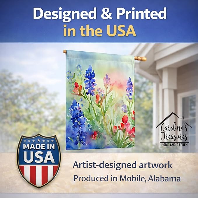 Caroline's Treasures Texas Bluebonnets in Watercolor House Flag Large Porch Sleeve Pole Decorative Outside Yard Banner Artwork Wall Hanging, Polyester, House Size, Multicolor