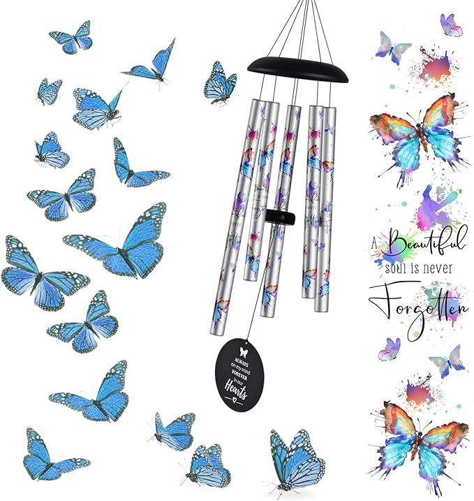 Butterfly Watercolor Memorial Wind Chimes for Loss of Loved One Mother Father,Memorial Sympathy Gifts Baskets & Funeral Bereavement Gift idea,Wind Chimes for Outside in Memory of a Loved One Mom