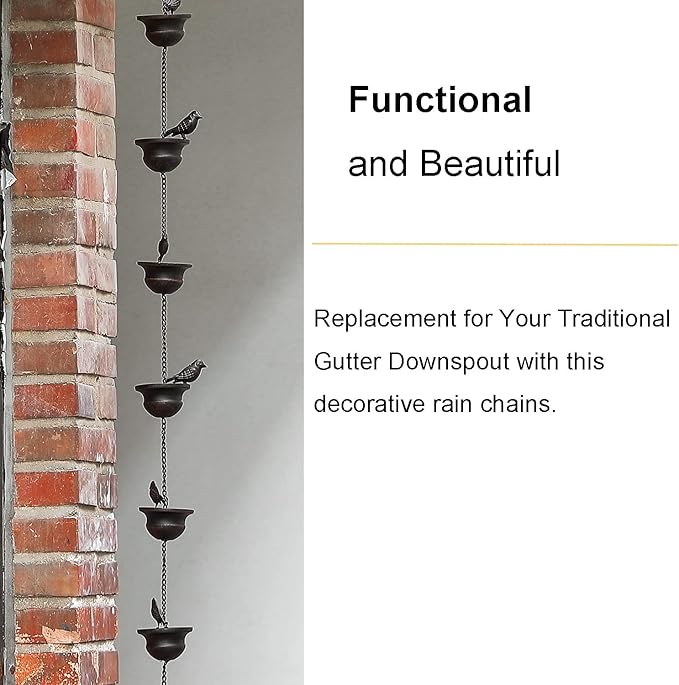 Jemeni 8.5 Feet Metal Bird Rain Chain, Decorative & Functional Rain Chains for Gutters for Patio/Garden, Dark Bronze