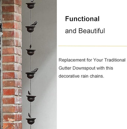 Jemeni 8.5 Feet Metal Bird Rain Chain, Decorative & Functional Rain Chains for Gutters for Patio/Garden, Dark Bronze