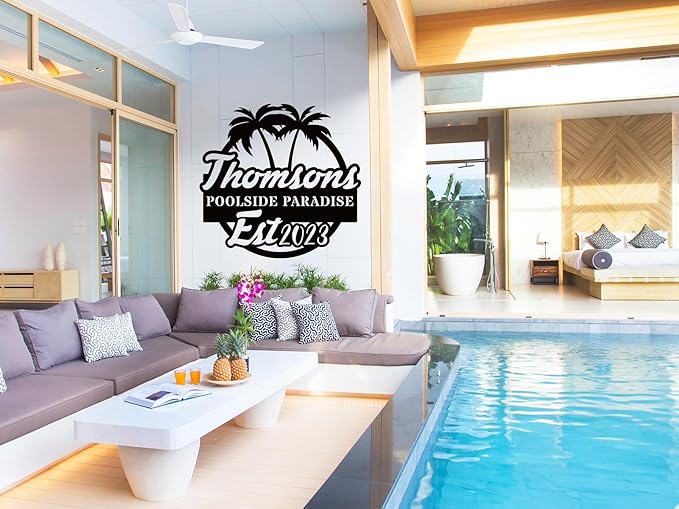 Personalized Pool Metal Name Sign,Custom Poolside Paradise Sign, Palm Tree Name Sign, Last Name Patio Sign,Summer Backyard Patio Sign