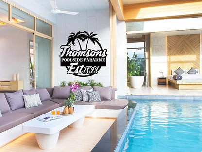 Personalized Pool Metal Name Sign,Custom Poolside Paradise Sign, Palm Tree Name Sign, Last Name Patio Sign,Summer Backyard Patio Sign