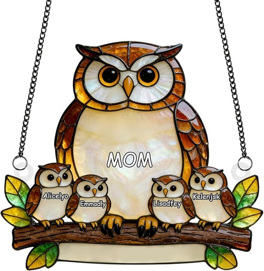 Personalized Owl Mom and Kids Stained Glass Suncatchers, Custom Name Mothers Day Sun Catcher, Owl Mother Acrylic Window Hanging Ornament, Mother's Day Christmas Birthday Gifts (Style 09)