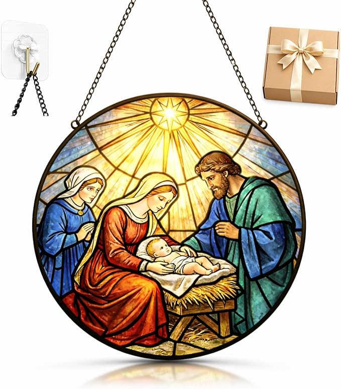Holy Family Nativity Suncatcher Window Hanging, 7.8" Stained Glass Religious Gift for Mom, Grandma and Friends, Christmas Faith Decor for Window, Prayer Room, Sunroom and Office