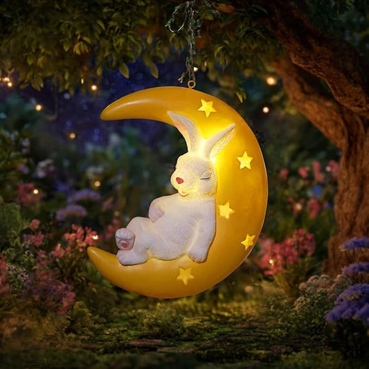 JoyBlooms Solar Garden Decor Bunny Garden Statue Solar Hanging Statue 9.36" L*7.8" W Outdoor Hanging Decorations for Patio Yard Gifts for Mom Grandma Housewarming-Sleeping Bunny