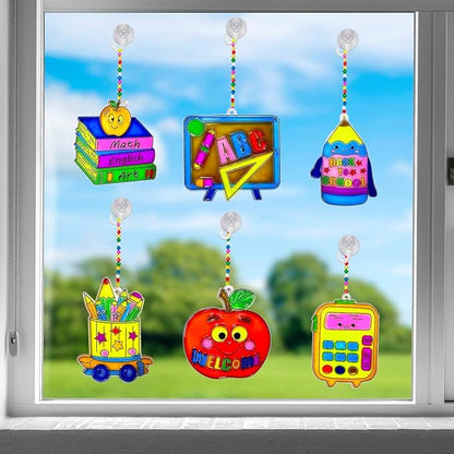 30 Sets Suncatcher Kit Back to School Suncatchers Apple Pencil Window Paint Art Drawing DIY Craft Kits Sun Catchers First Day of School Supplies for Stationery Party Gift Exchange Classroom Activities