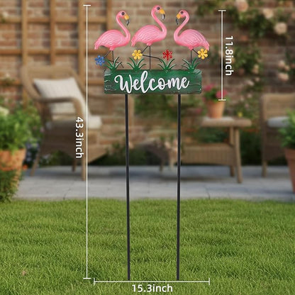 43.3inch Flamingo Garden Stakes with Vintage Welcome Yard Sign, Flamingo Outdoor Decor Metal Yard Art Ornaments for Outside Landscape, for Wife