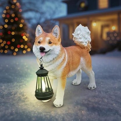 Akita Dog Garden Statue with Solar Lantern & Double-Sided Welcome Sign, Cute Shiba Inu Outdoor Decor Figurine for Patio Lawn Yard, Waterproof Resin Animal Sculpture, Dog Lover Gift