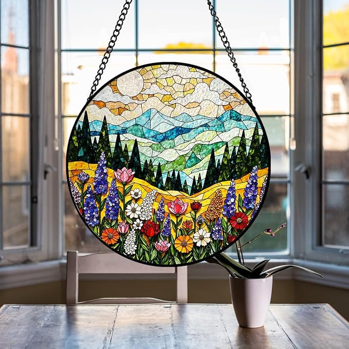 Mountain Wildflower Suncatcher Stained Glass Window Hanging - 8 Inch Plant Flower Suncatchers for Windows Hanging - Sun Catchers Indoor Outdoor Garden Decorations Glass Panel Gift for Women Mom Lovers