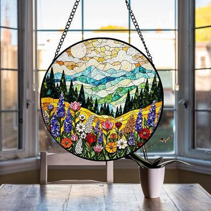 Mountain Wildflower Suncatcher Stained Glass Window Hanging - 8 Inch Plant Flower Suncatchers for Windows Hanging - Sun Catchers Indoor Outdoor Garden Decorations Glass Panel Gift for Women Mom Lovers