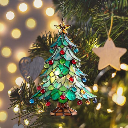Mosaic Style Christmas Tree Ornaments Acrylic Suncatcher Stained Glass Effect Window Car Hanging Christmas Ornament Indoor Outdoor Decor Garden Sun Catcher Panel for Women Mom Grandma
