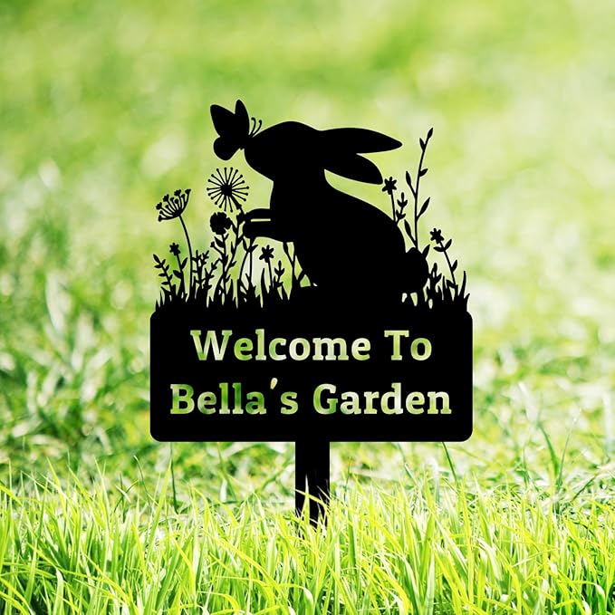 Personalized Rabbit Garden Sign, Custom Rabbit Garden Stake Bunny Silhouette Garden Sign, Bunny Metal Yard Art, Flowers Rabbit Bunny Outdoor Yard Sign Lawn Decor Patio Sign