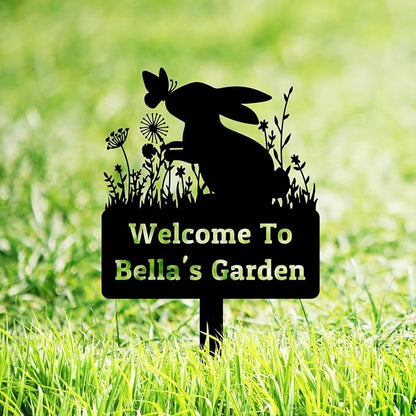 Personalized Rabbit Garden Sign, Custom Rabbit Garden Stake Bunny Silhouette Garden Sign, Bunny Metal Yard Art, Flowers Rabbit Bunny Outdoor Yard Sign Lawn Decor Patio Sign
