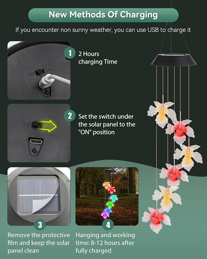 DOUBLEZHE Solar Wind Chimes, Color Changing Maple Leaf Wind Chimes for Outside, Birthday Gifts for Women Mom Grandma, Waterproof Outdoor LED Decoration Mobile Lights for Garden Patio Yard Party Decor