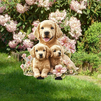 Garden Stake Decor, Acrylic 2D Flat Animal Statue, Fairy Sculptures Ornament Indoor Outdoor Yard Lawn Pot Plant Decorative Accessories (Three-Dogs)
